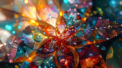 A kaleidoscopic pattern of colorful fractals resembling stained glass in 8K