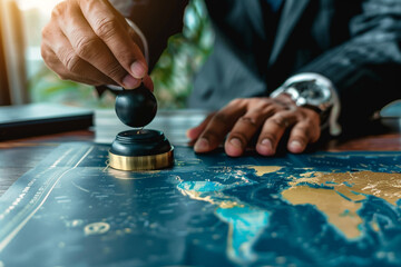 Focused image of a business executive applying a confidential seal on an international partnership agreement 