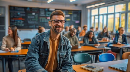 Fototapeta premium A man sits in front of a classroom full of students, delivering a lecture and engaging with the attentive audience.