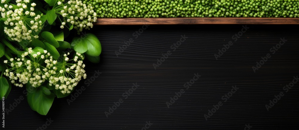 Poster top view of raw green buckwheat on a black wooden background with plenty of copy space for an image