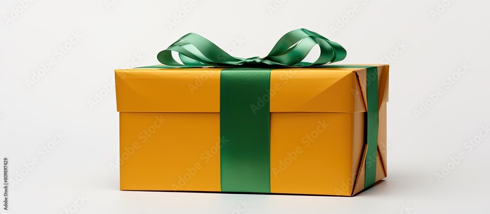 Poster isolated on a white background there is a cardboard green gift box with a golden yellow cover provid