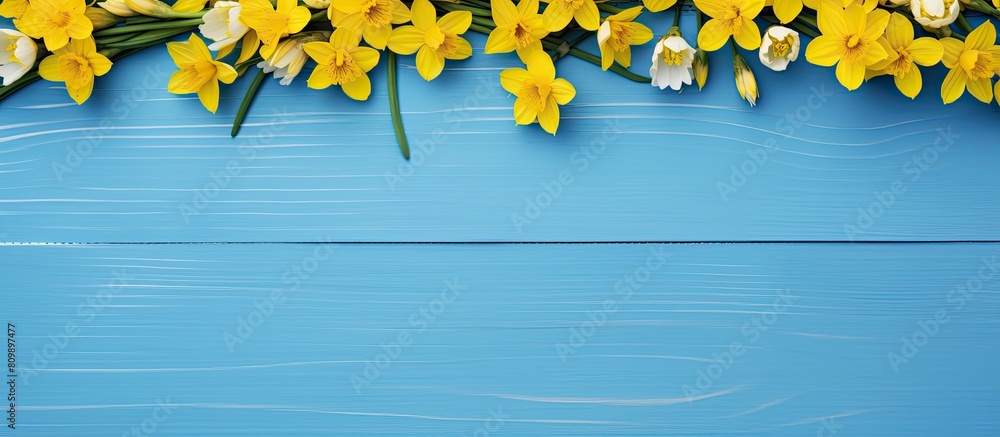 Poster a flat lay top view copy space image showcasing a frame of yellow flowers arranged on a blue wooden 