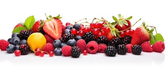 Top view of a variety of ripe berries and fruits including mulberries currants raspberries cherries and strawberries isolated on a white background The image provides ample copy space for text