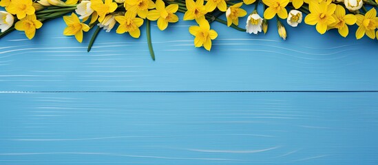 A flat lay top view copy space image showcasing a frame of yellow flowers arranged on a blue wooden background evoking a sense of Easter spring and summer