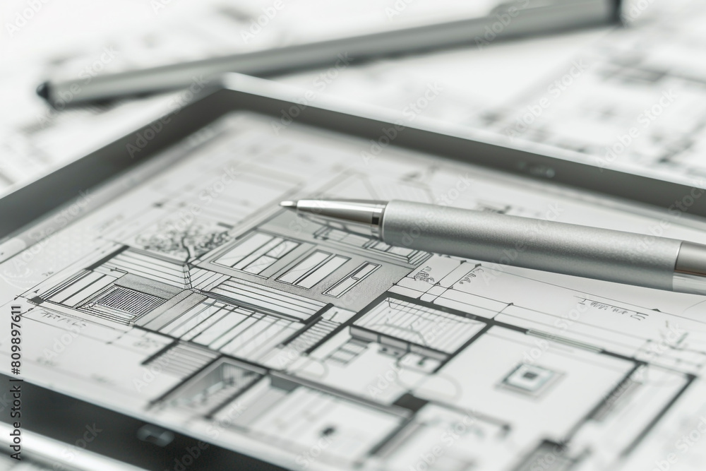 Poster focused view of a digital pen laying on a tablet that displays a complex architectural render