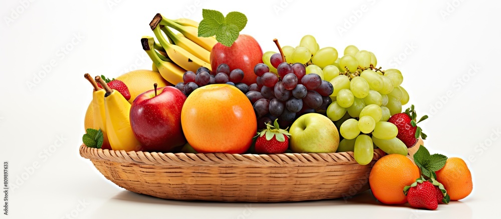 Poster a copy space image showing a basket filled with fresh fruits set against a white background