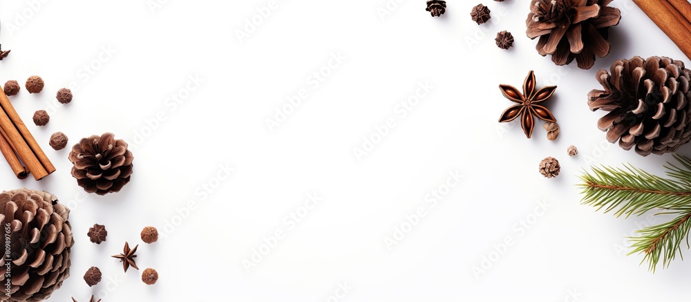 Aufkleber Top down flat lay winter composition featuring branches of fir trees pine cones cinnamon sticks and anise seeds on a white background There is ample copy space in the image