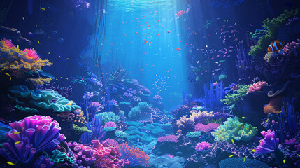 A colorful underwater scene with a variety of fish and coral. Cartoon style. 