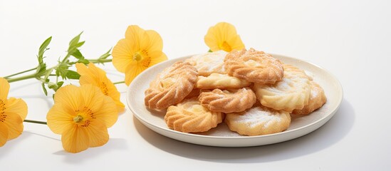 Italian traditional canestrelli cookies are showcased in a copy space image placed on a crisp white background adorned with delicate flowers The delightful homemade pastries evoke a warm concept of b