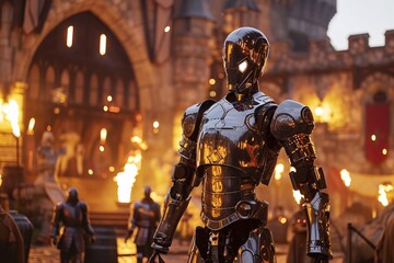 A voyager from the future, garbed in advanced cybernetic implants, arrives in the medieval age, amidst castle battlements and armored knights, under the flickering torchlight