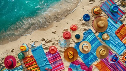 A colorful array of beach towels and sun hats scattered on the sand, a vibrant tapestry against the backdrop of the sea.