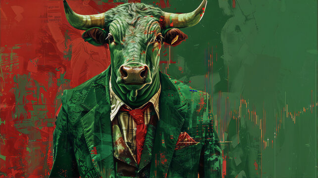 A green bull in a suit with a red tie against a red and green background, symbolizing financial growth and prosperity. 
 - Powered by Adobe