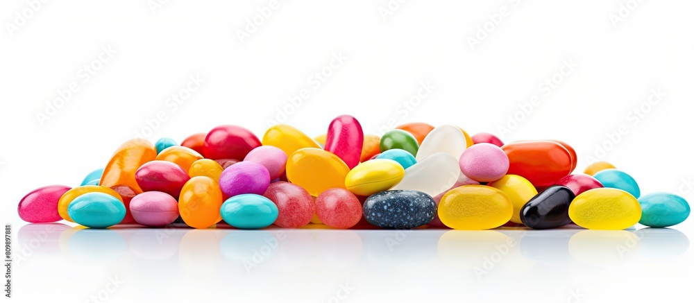 Aufkleber Colorful candies arranged in an appealing way with plenty of empty space around them on a plain white background making it ideal as a copy space image