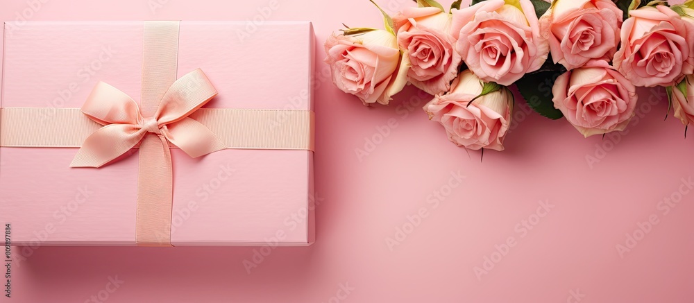 Wall mural A pink gift box adorned with a ribbon bow and pink roses on a pink background accompanied by a greeting card Perfect for springtime holidays with plenty of space for text. Creative banner