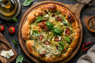 Pesto Focaccia, Fresh Italian Bread Tortilla with Green Sauce, Mozzarella, Grated Parmesan Cheese, Butter, Greens