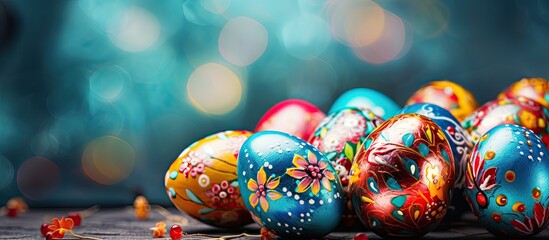 Obraz premium Happy Easter egg on a background with painted Easter Eggs providing ample copy space image