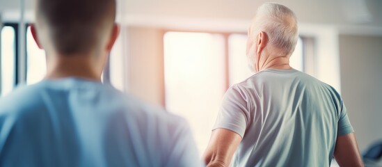Fototapeta premium Senior man receiving physiotherapy during rehabilitation at the gym Copy space image