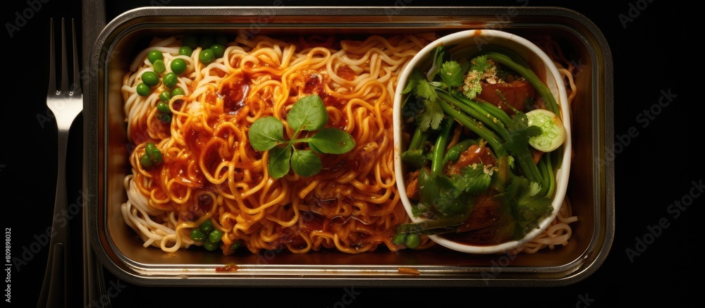 Aufkleber Top view of a container filled with noodles sauce and utensils with plenty of empty space for other elements in the image. Creative banner. Copyspace image