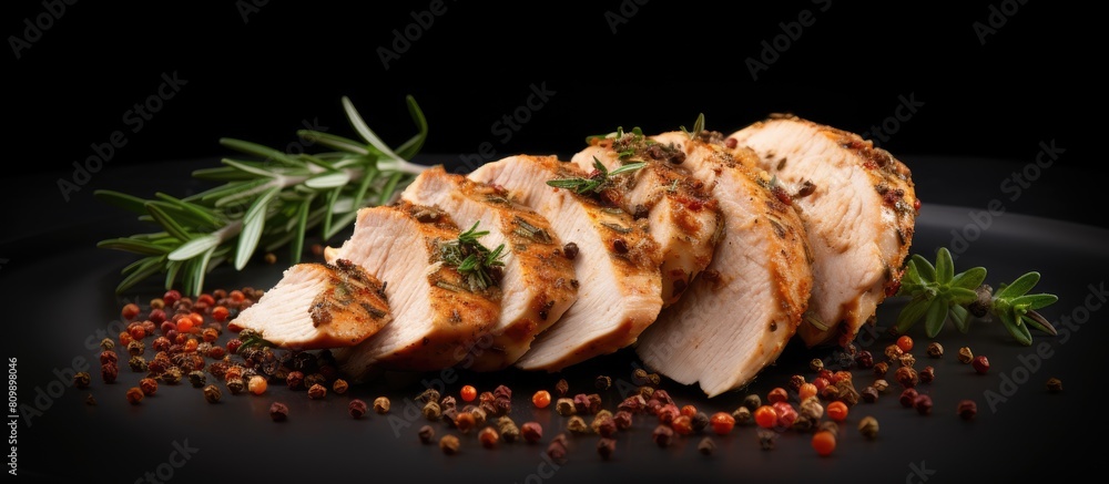Aufkleber A light and nutritious option for a low calorie diet this thinly sliced chicken breast is seasoned with cooking spices It is presented on a gray background providing copy space for additional element