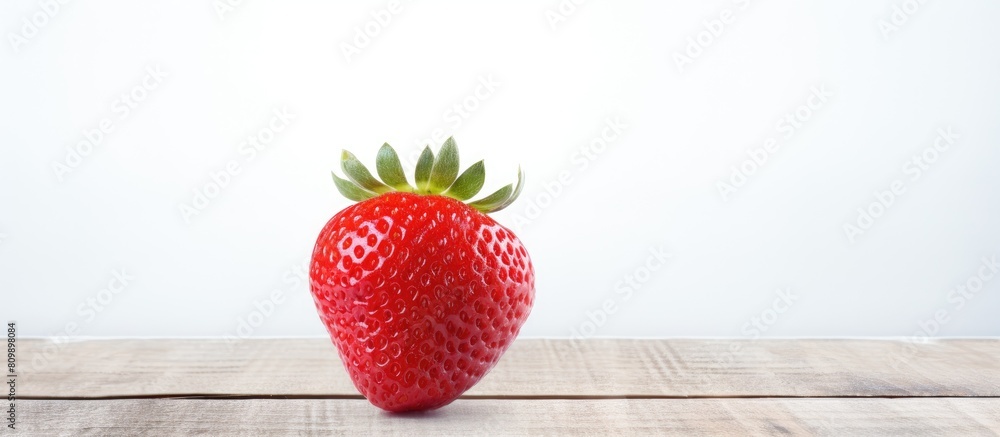 Aufkleber a single red fresh strawberry is placed on a white wooden surface in the copy space image