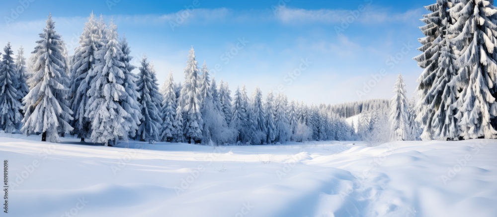 Aufkleber a picturesque winter scene with snowy fir branches forming a copy space image against the backdrop o