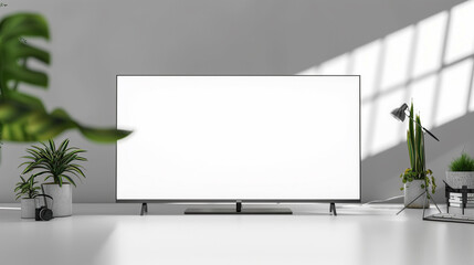A white TV screen mockup in a studio environment with a minimalist virtual studio background.