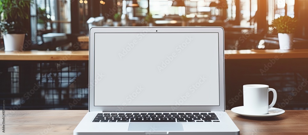 Fototapete A blank screen workspace with a laptop on a table providing ample space for adding images or text
