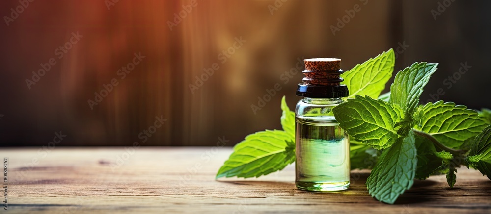 Poster A bottle of refreshing essential oil and fresh mint placed on a rustic wooden table with plenty of room for text in the background. Creative banner. Copyspace image