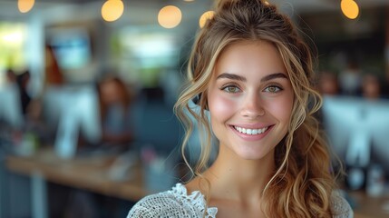 Young professional woman, beaming with confidence and positivity in a bustling office environment