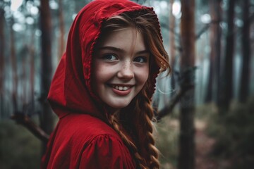 A close-up of the smiling face of Little Red Riding Hood strolling through a dark forest