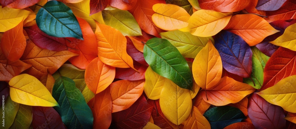 Poster autumn leaves in vibrant shades of red orange green brown and yellow create a captivating copy space