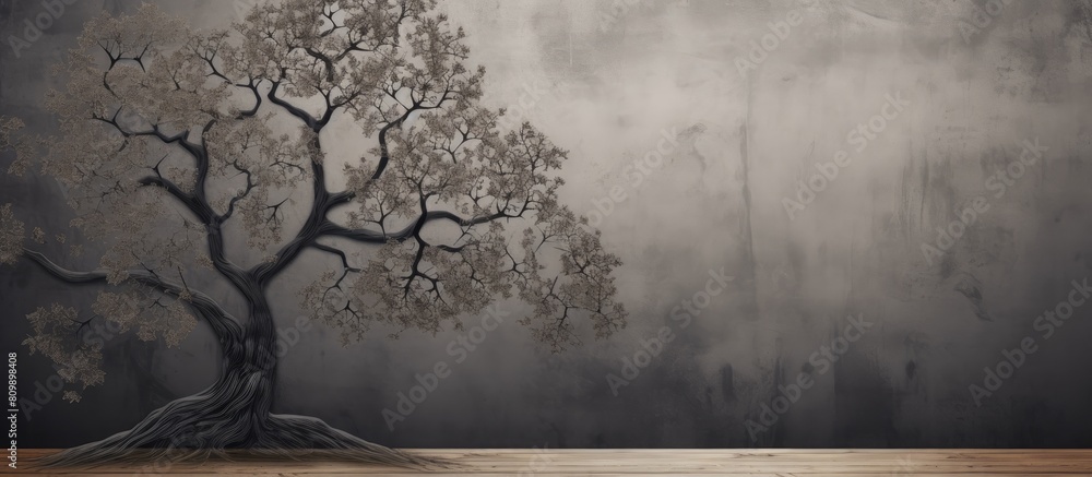 Poster decorative tree with a monochrome color scheme set against a backdrop of wood pulp board providing a