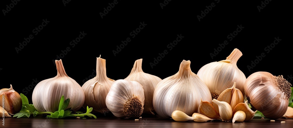 Poster a dark background highlights the vibrant aroma of fresh garlic leaving ample room for additional tex