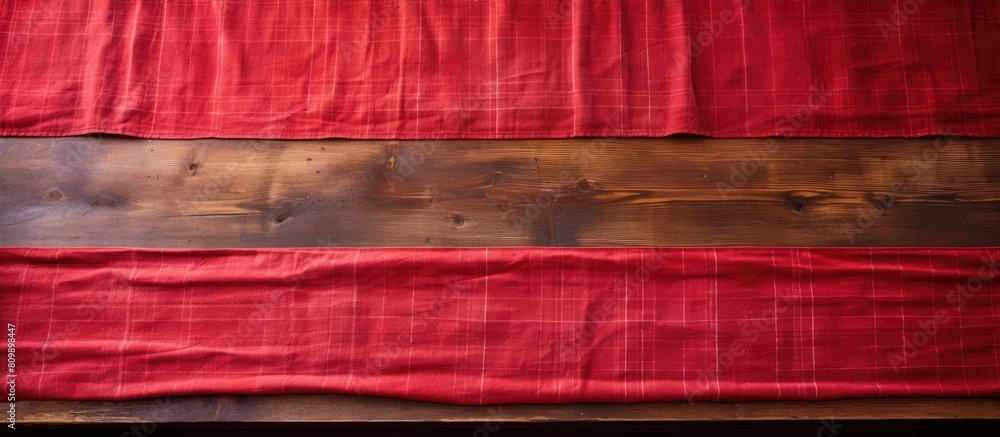 Leinwandbilder an old wooden table is shown from above with a vibrant red tablecloth leaving an empty space for add