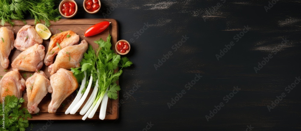 Poster top view of a light table showcasing a fresh marinade raw chicken drumsticks and lettuce with ample 