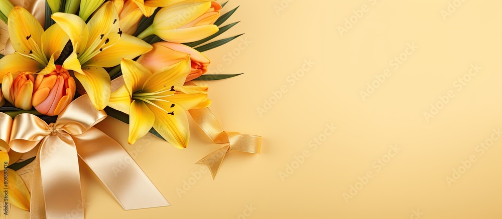 Aufkleber flat lay image featuring a gift box adorned with a golden bow and a stunning bouquet of roses all pl
