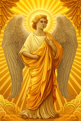 illustration of an angel with wings and divine light, glory and halo, faith and belief