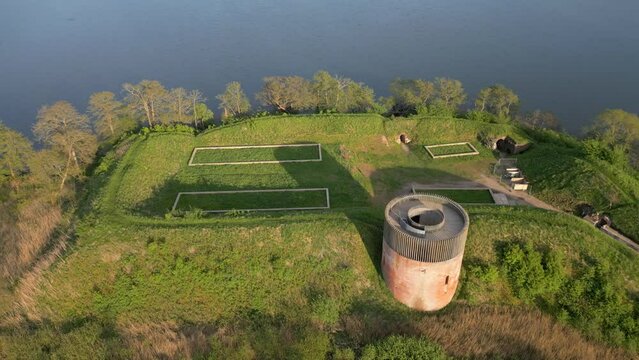 A drone view of The old Castle at Manor House Hald Hovedgaard, Viborg, Denmark. Springtime view at Hald, So, Dollerup Bakker, Viborg. View over Hald Lake from Dollerup bakker. Geological formations.