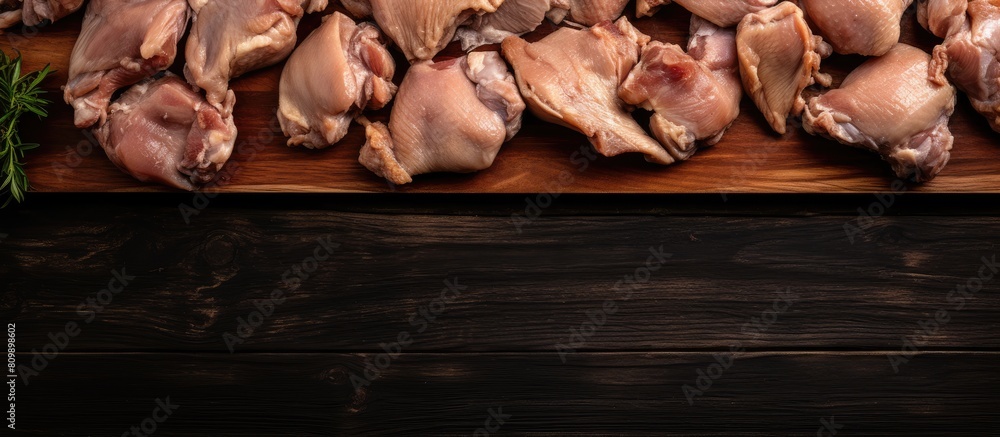 Aufkleber The butchered chicken pieces rest on a wooden surface as a copy space image with a plain gray backdrop captured from above