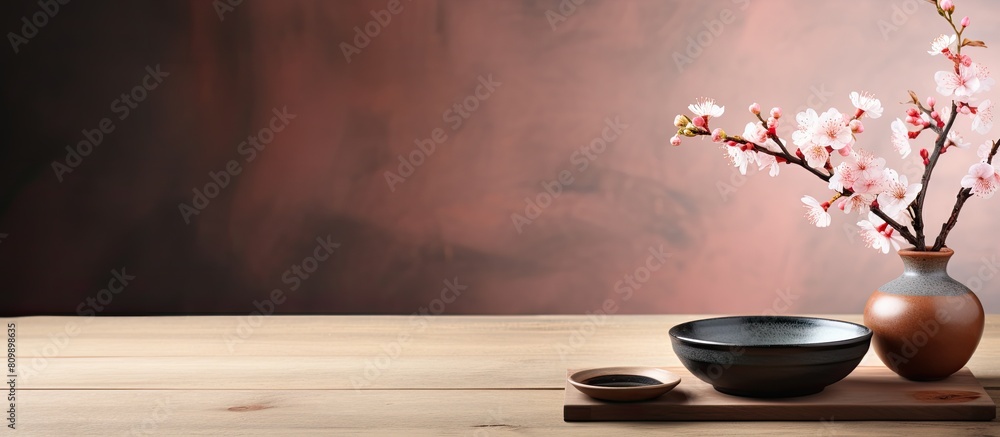 Poster a copy space image featuring chopsticks placed on a wooden table alongside a sakura bowl