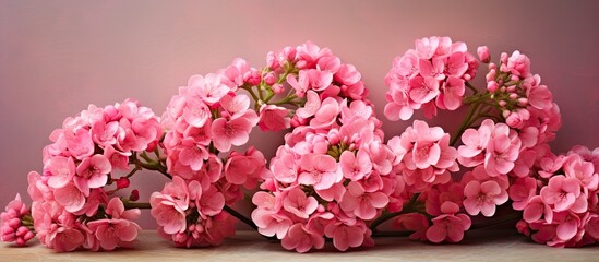 Fototapeta premium Pink kalanchoe blossfeldiana flowers arranged in a delicate bouquet placed on a vintage piece of paper with empty space for additional content