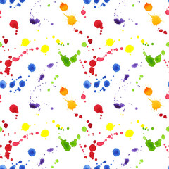 Seamless pattern brightly colored paint splatters. Drop spots colors of rainbow. Artist abstract creation. Tempera, gouache, ink. Hand drawn watercolor illustration isolated background