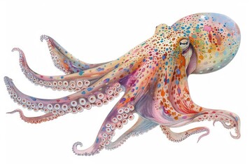 Squid,  Pastel-colored, in hand-drawn style, watercolor, isolated on white background