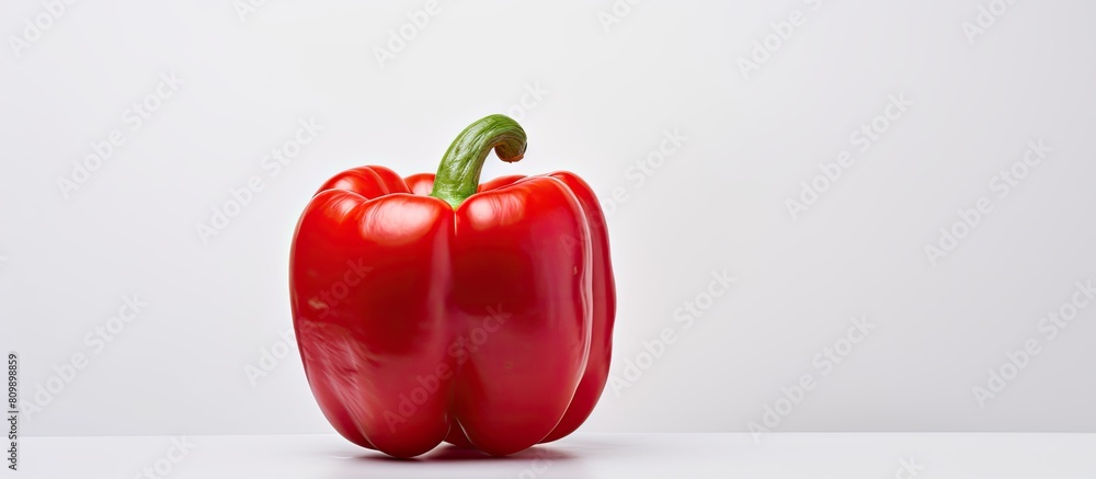Poster a red bell pepper stands alone on a plain white background offering ample copy space for text