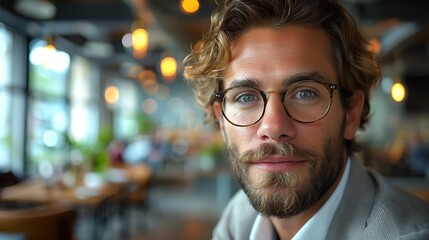 Obraz premium Young man in a busy coffee shop sharp eyesight and fashionable