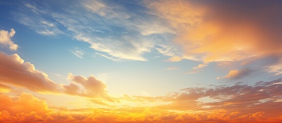 Fototapeta premium A stunning sky with vibrant colors during sunset or sunrise featuring an orange hue blending with the clouds creating a picturesque background suitable for a copy space image