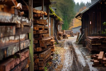 A serene yet industrious scene at a lumber mill, with stacks of wood lined alongside a worn building amidst a foggy backdrop