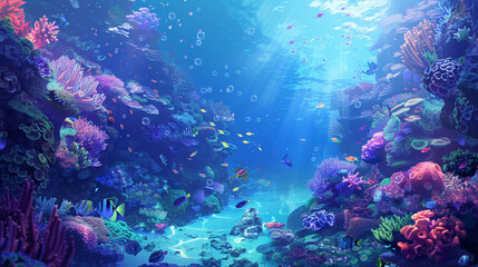 Naklejka premium A colorful underwater scene with a variety of fish and coral. Cartoon style. 