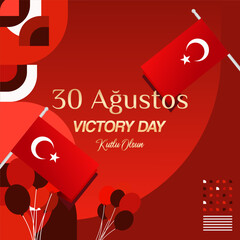 Turkey Victory Day square banner in modern geometric style with red monochrome color. Turkish National Day greeting card template illustration on August 30. Happy Victory Day Turkey