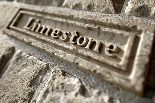 Artistic shot of 'Limestone' carved into a textured stone wall, giving a sense of age and history